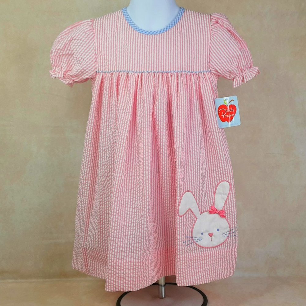 'PETIT POMME' 'BUNNY-HOP' SEERSUCKER BISHOP DRESS & BLOOMERS BUNNY APPLIQU